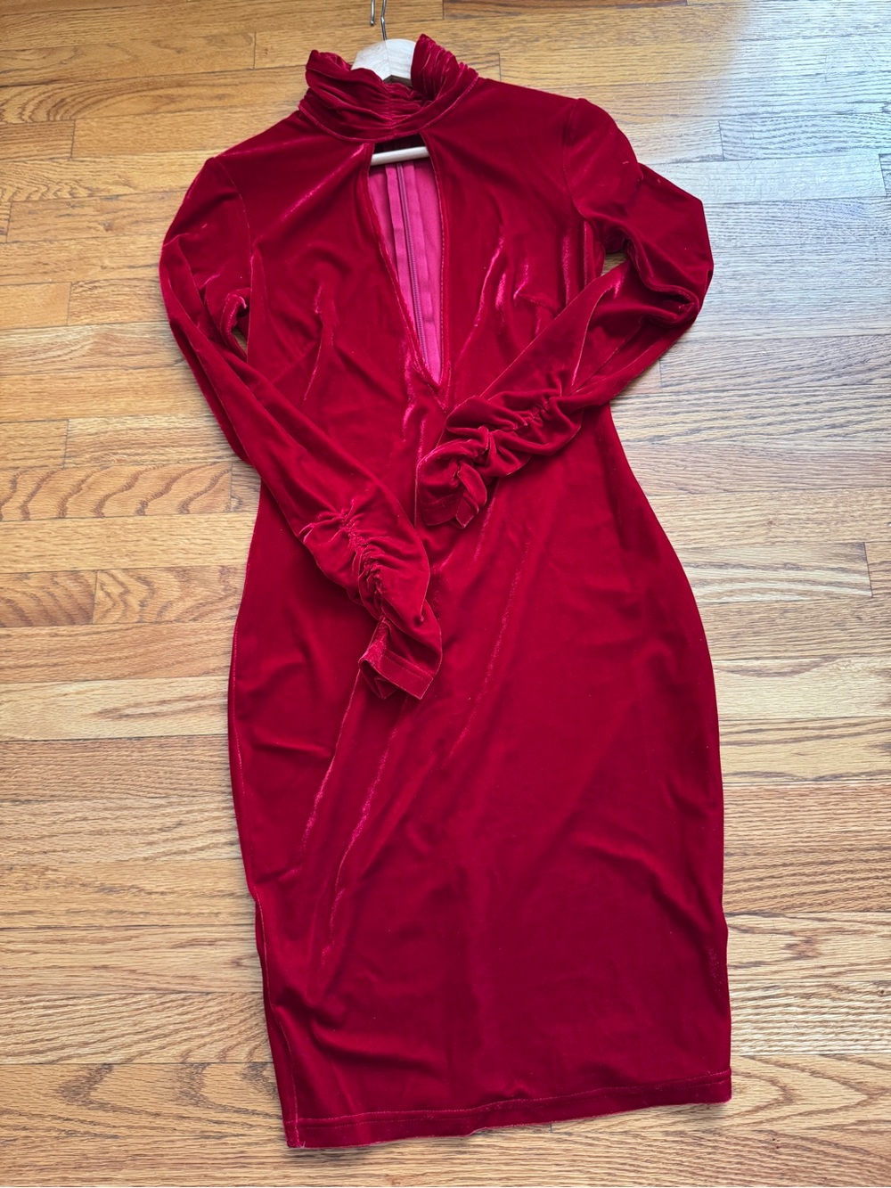 Red Velvet Long-Sleeve High Neck Dress with Front Keyhole